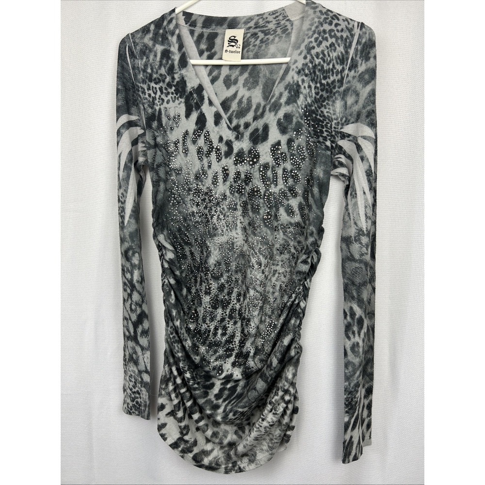 S Twelve Long Sleeve Leopard Print Top Rhinestones Ruching Y2K Vtg Size Medium